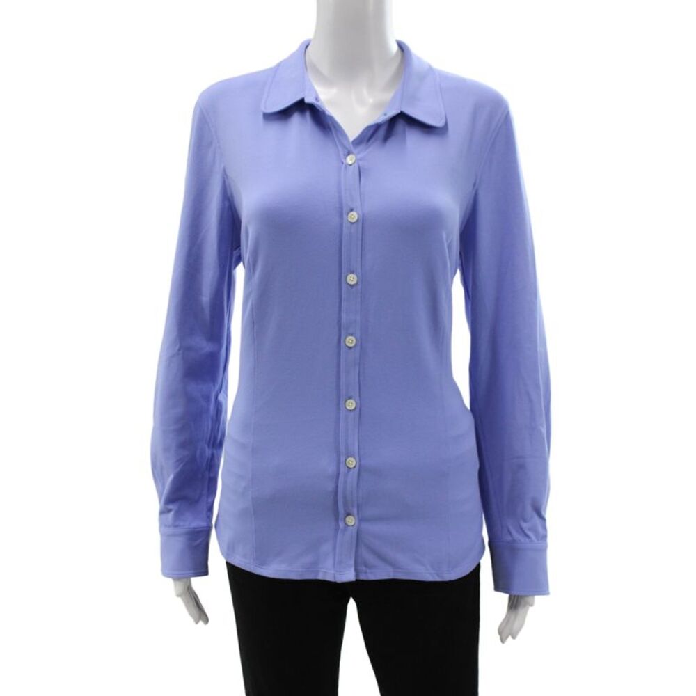 Hedge Women Collared Jersey Button-Up Solid Blue Cotton Long Sleeve Size XL